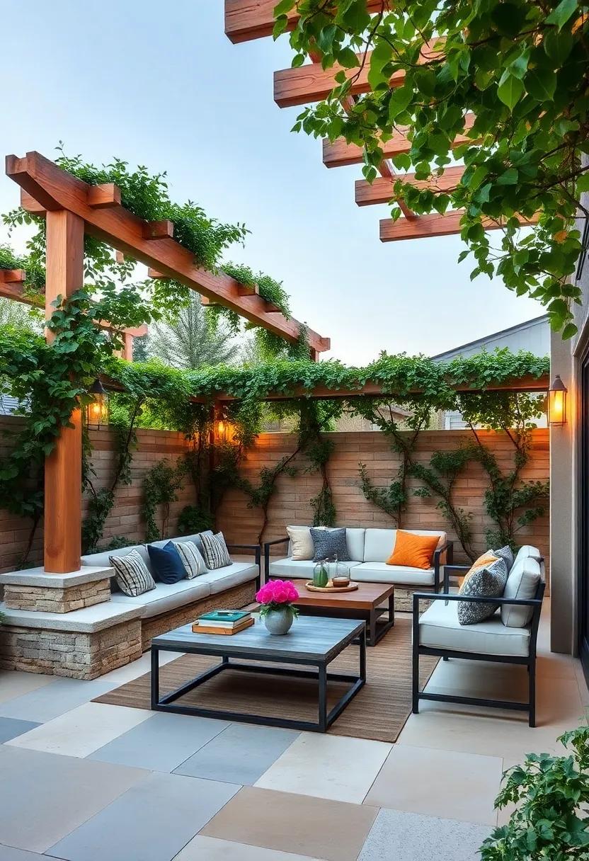 Incorporate built-in seating under a pergola peppered with honeysuckle vines to invite relaxation and sweet smells