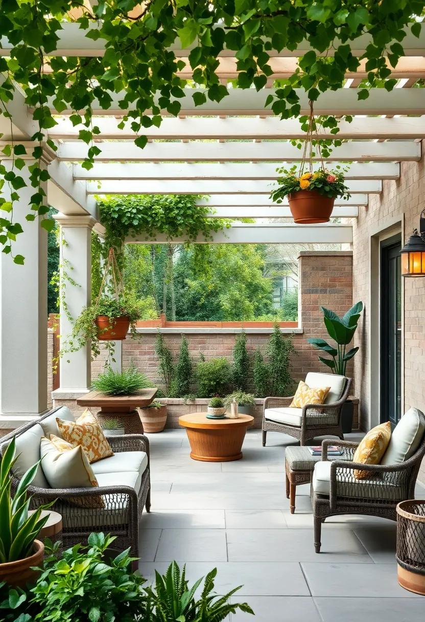 Incorporate hanging planters with trailing honeysuckle vines from the beams of your pergola for layered greenery