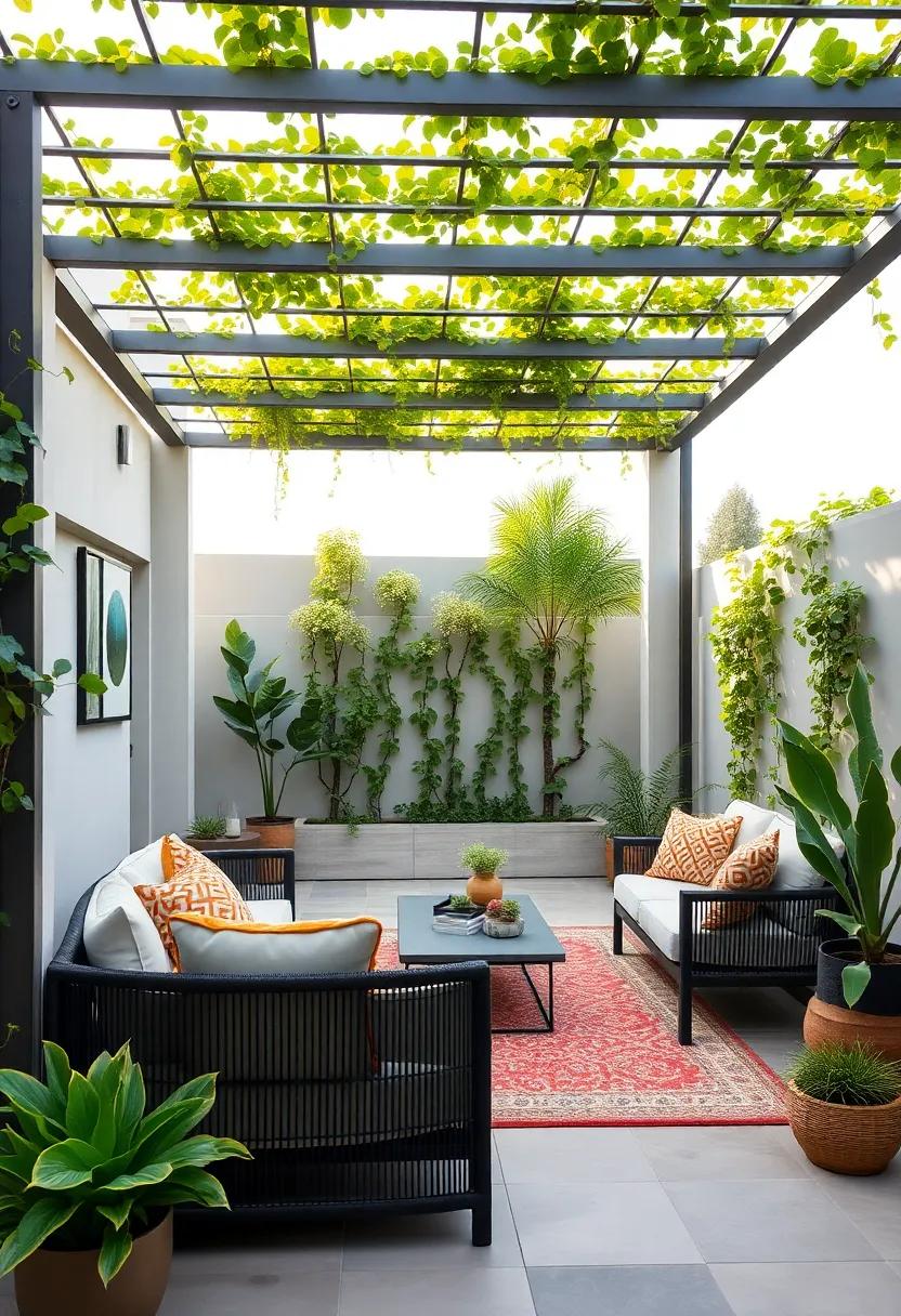 Opt for a minimalist metal pergola paired with sleek, climbing ivy⁣ for a modern and elegant outdoor setting