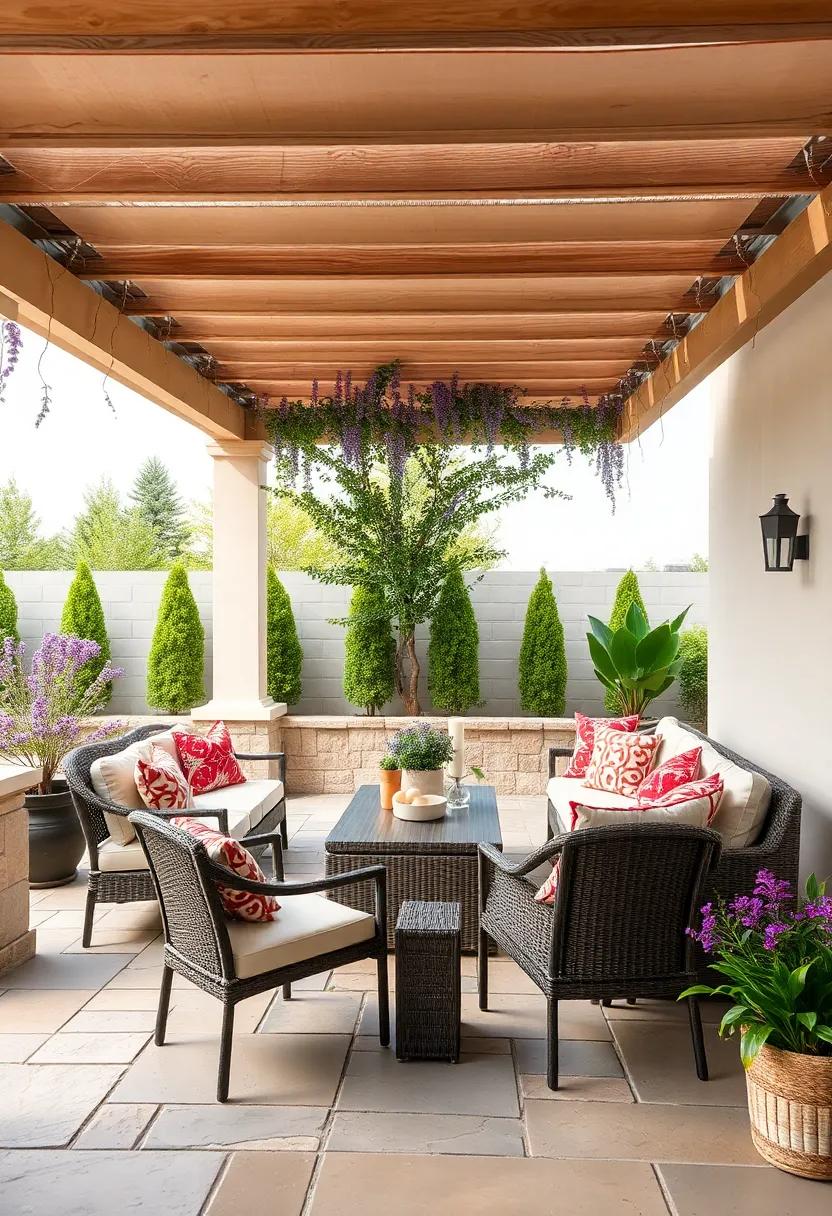 surround a stone patio with a pergola growing hardy, fragrant lavender vines to add color and a calming aroma