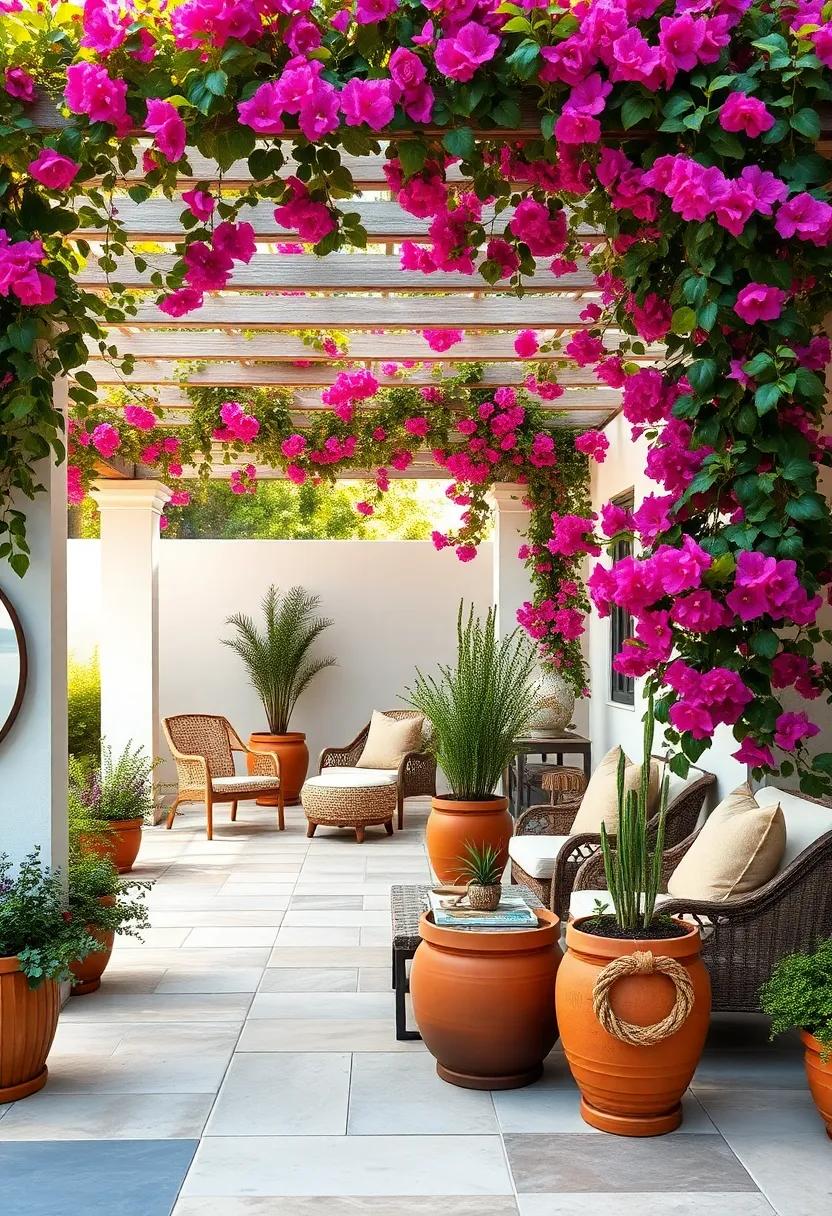 Transform your patio into a Mediterranean escape using terracotta pots filled with vibrant bougainvillea cascading over a whitewashed pergola