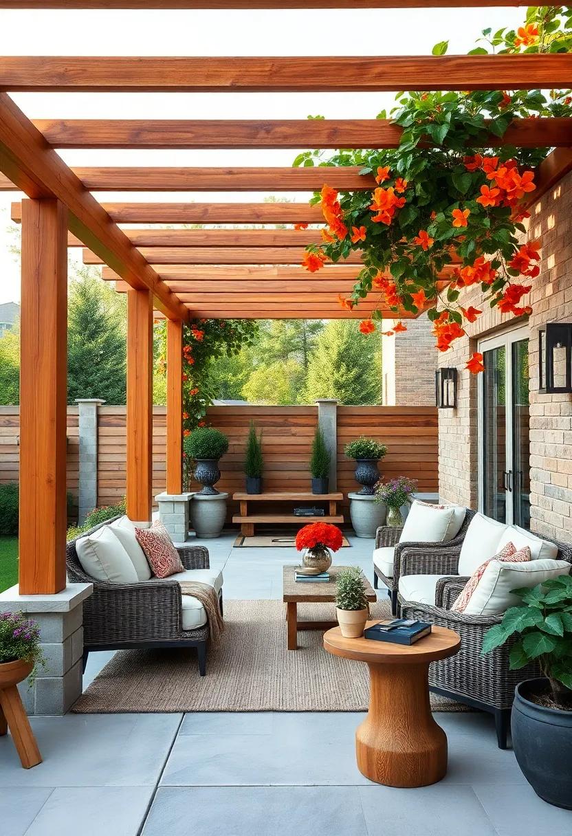 Use a cedar pergola combined with trumpet vine for a striking ‌contrast of⁢ warm wood tones and bright orange blooms