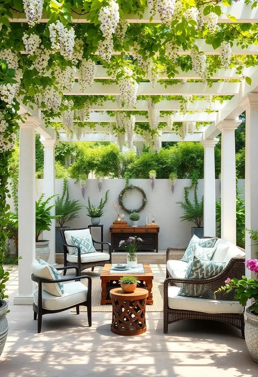 Use a painted white pergola to‌ enhance the brightness of lush green wisteria, ‍creating a fresh and airy environment