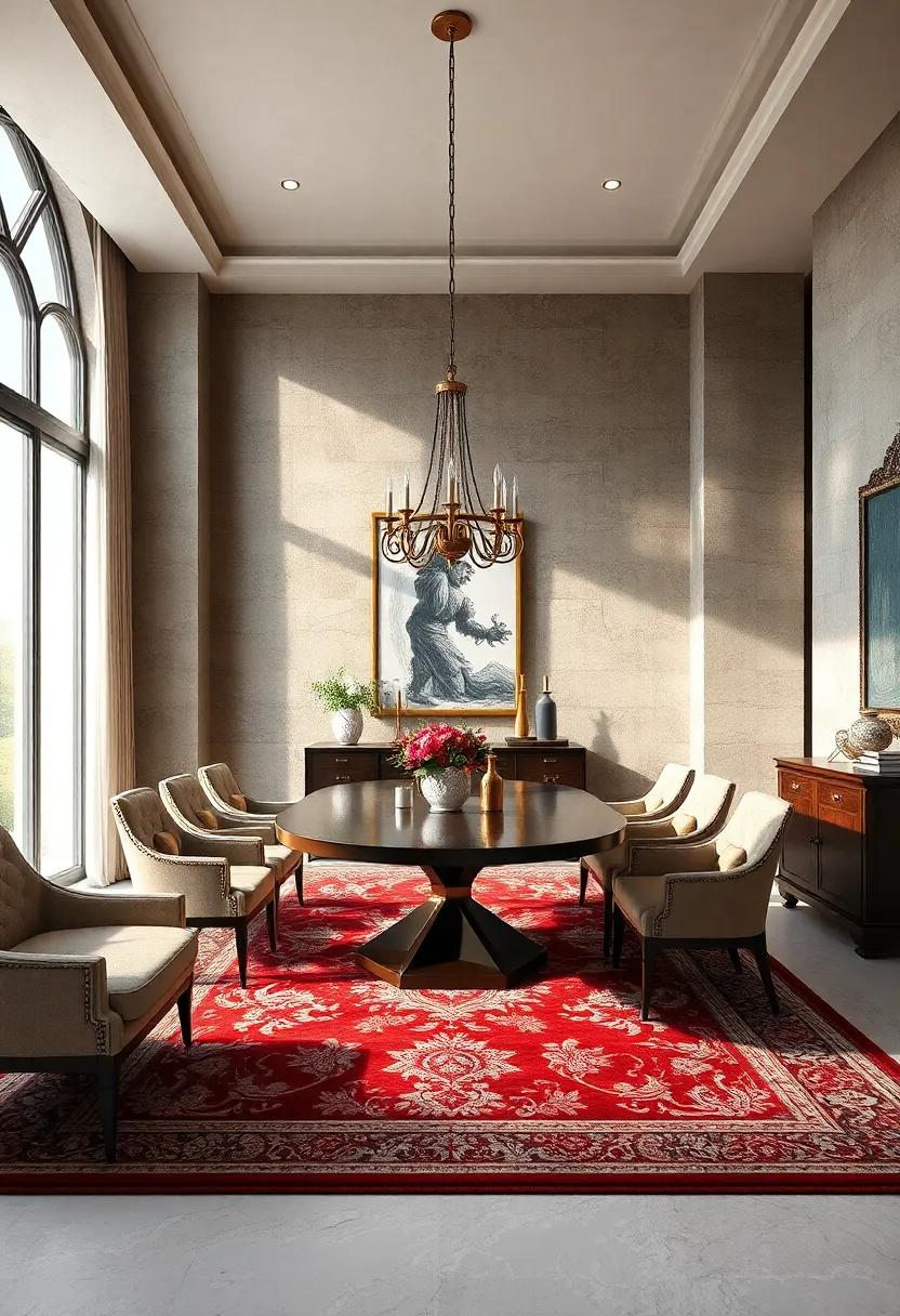 Incorporate a regal rug with Persian ⁣or ‍baroque patterns to anchor your dining area with elegance