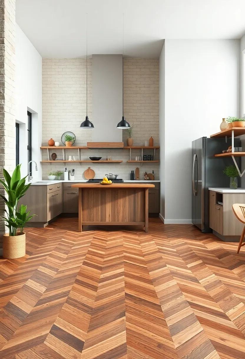 Chevron Patterned Wood – Mix​ rustic‌ with a touch of refinement in a dynamic chevron wood ‍floor layout