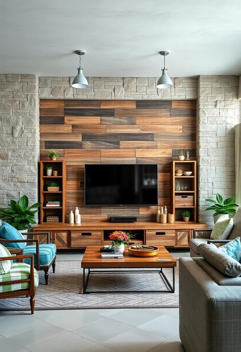 Industrial Pipe Shelves Holding Vintage Finds Next to TV