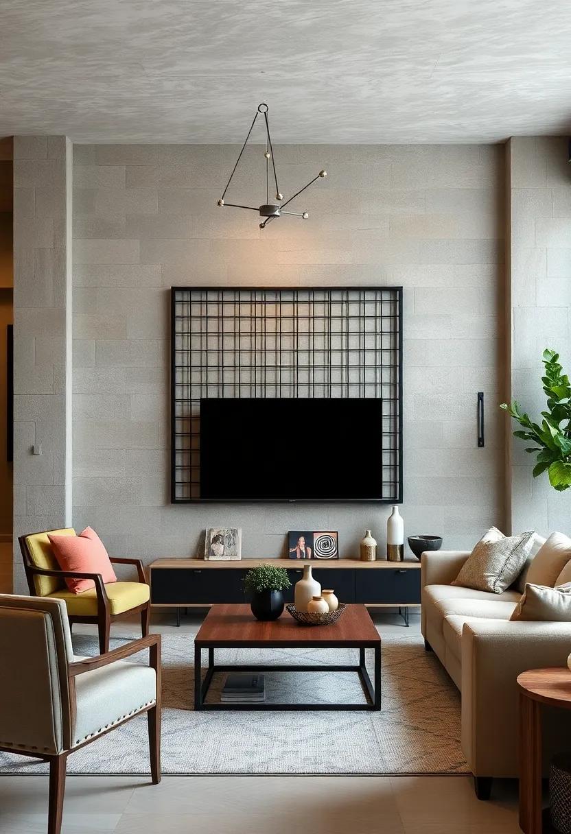 Rustic ⁢Metal Grid wall Art Behind the Television