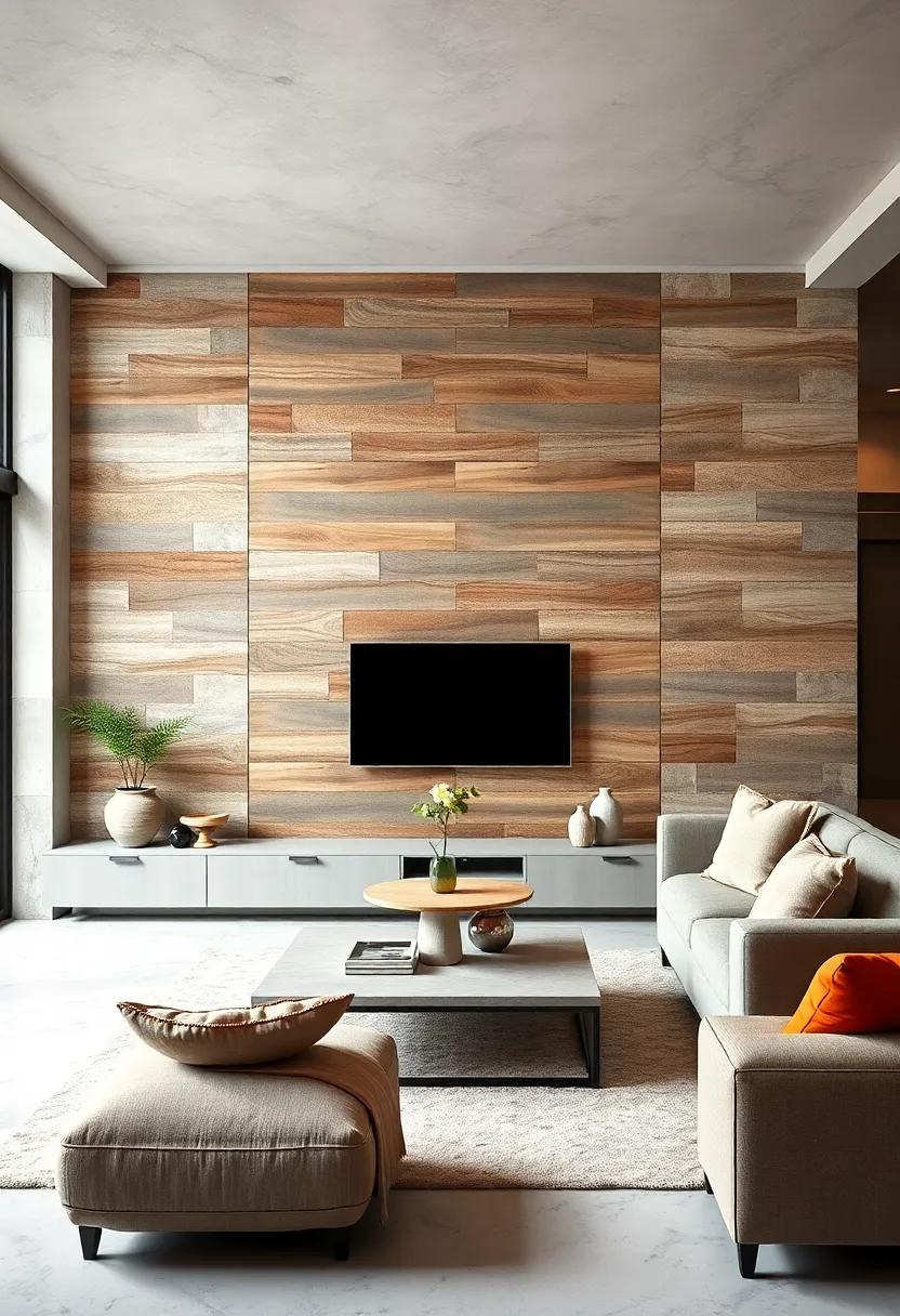 Layered ‌Wood Planks in Varied Tones Behind the TV
