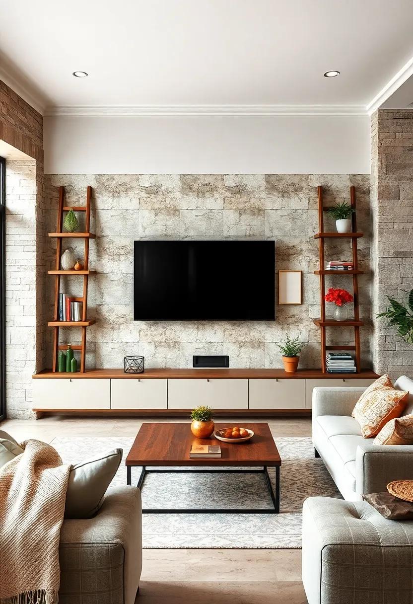 Ladder Shelf Display Flanking the TV