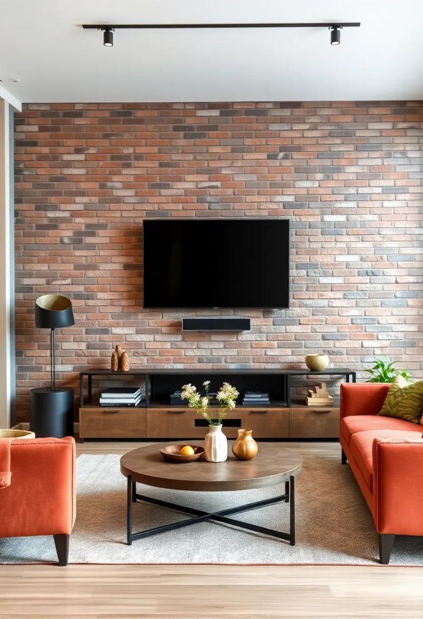 Exposed Brick Wall with Mounted TV and Rustic lighting