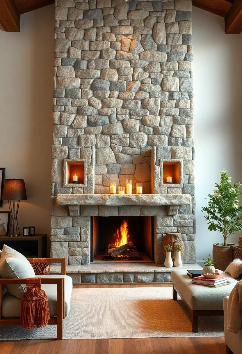 A charming stone ‌fireplace‌ with embedded niches‍ for candles and decor,⁢ enhancing ‍warmth and visual interest