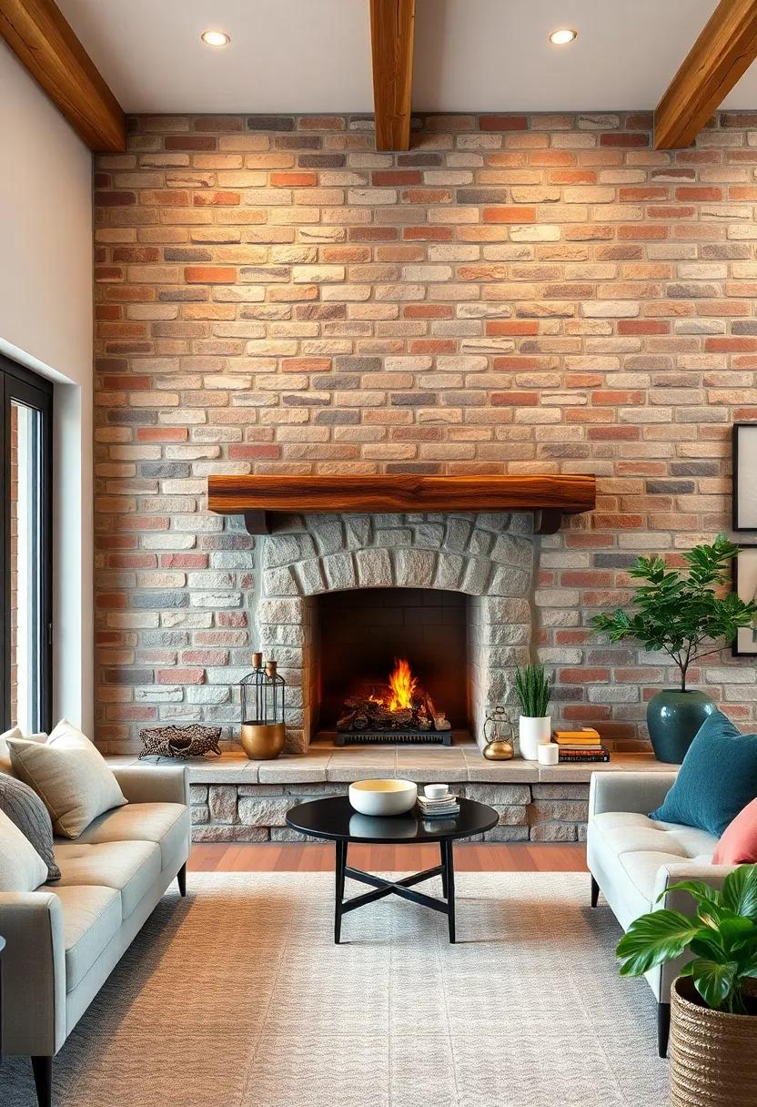 A compact stone fireplace nestled‌ within ‍a‌ brick wall, evoking​ timeless cottage comfort through a mix of materials