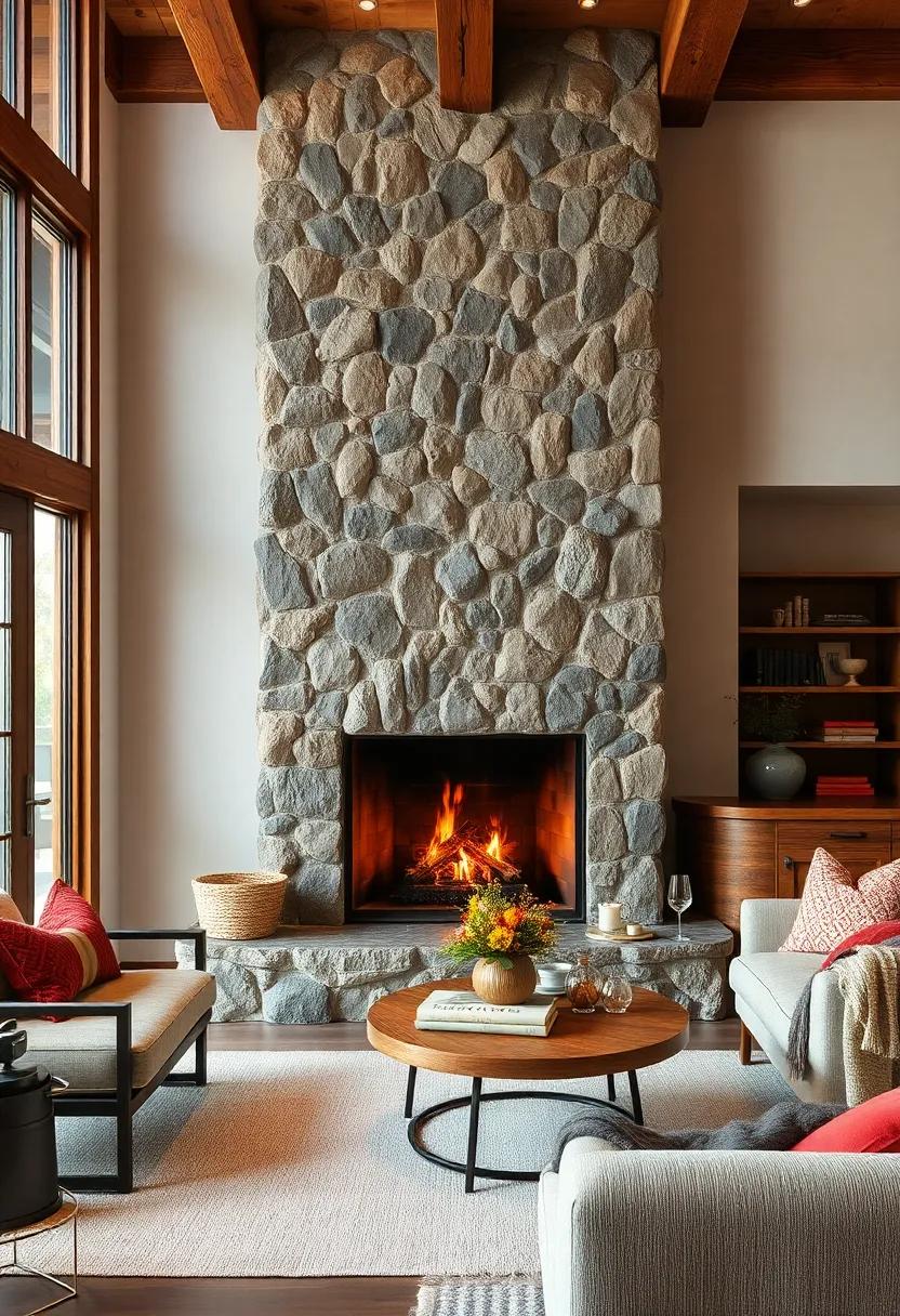 A corner fireplace clad⁣ in rough-cut granite, adding​ texture and a rugged edge to a ⁣cabin-style interior
