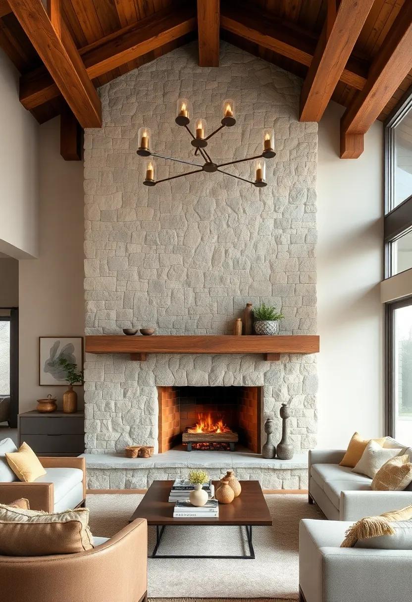 A cozy, hearth-centered ⁢fireplace built⁤ with ⁢fieldstone, featuring natural tones that seamlessly blend with wooden ceiling beams