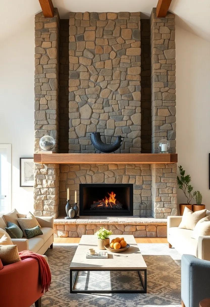 A double-sided stone fireplace that divides two rooms, offering warmth and a stunning focal point from⁣ multiple angles