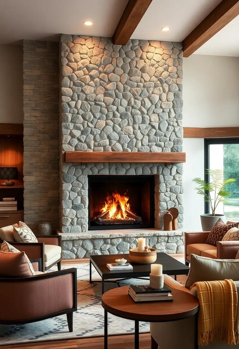 A fireplace framed by ‌pebbled stone veneer, ‌delivering ​texture and organic beauty to a modern rustic living space