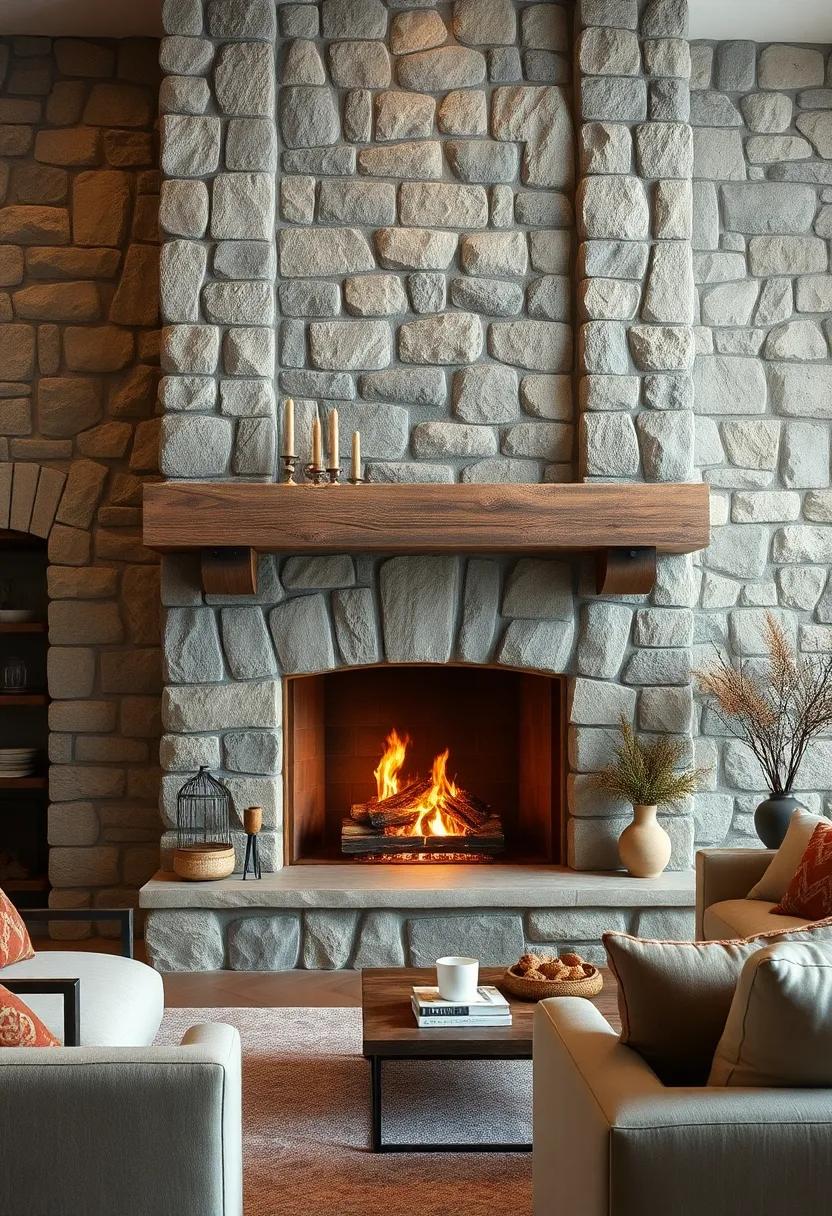 A fireplace with a rough-hewn‍ stone facade and a mantle adorned ⁣with iron brackets, reflecting​ artisanal craftsmanship