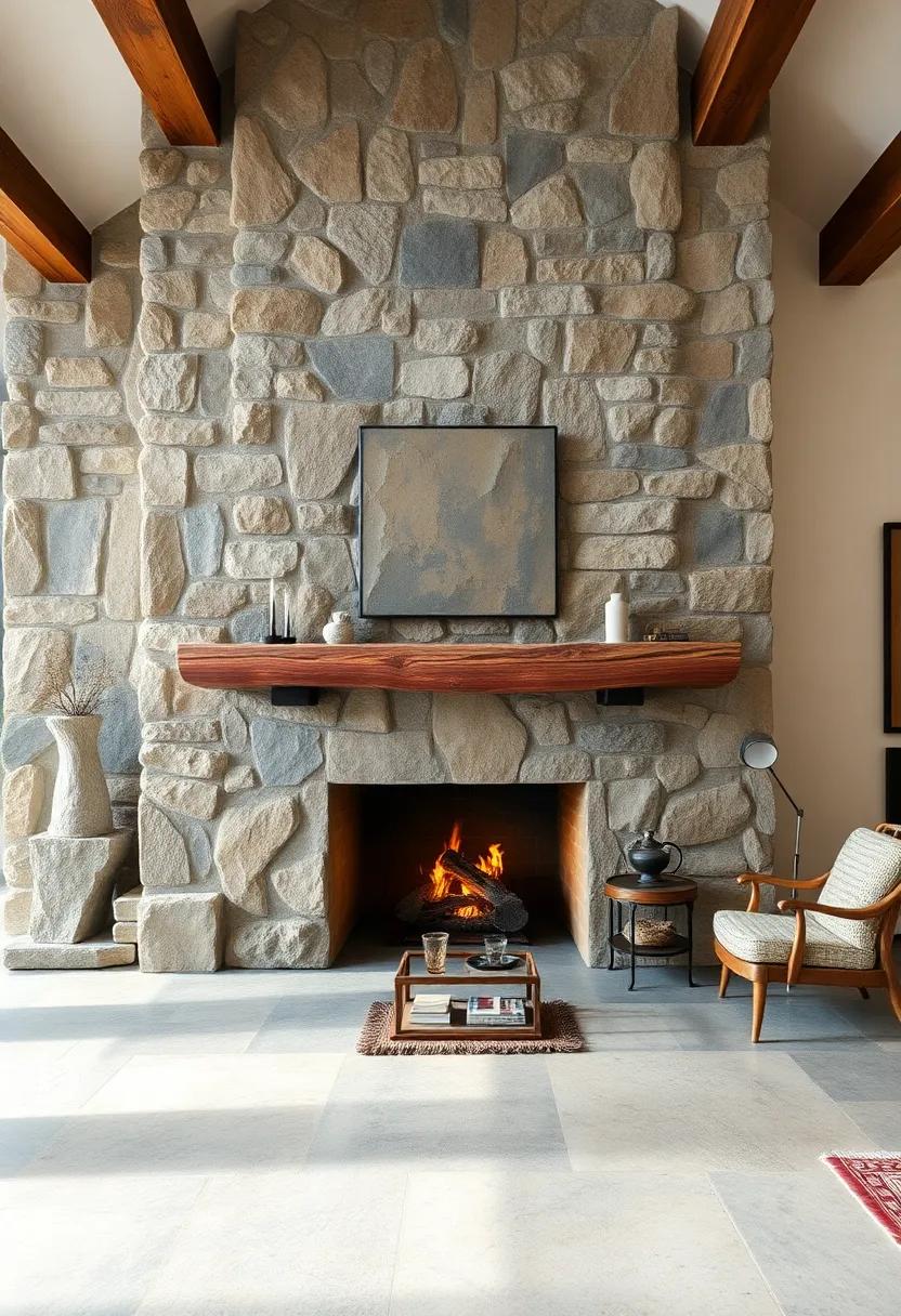 A​ floor-level fireplace surrounded by large, flat slate stones, creating an earthy, grounded ​aesthetic ⁢ideal for ‍a ⁣rustic farmhouse