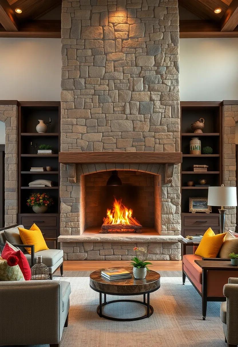 A grand stone hearth incorporating a built-in⁤ wood storage ⁤nook, combining⁢ functionality with old-world​ aesthetic