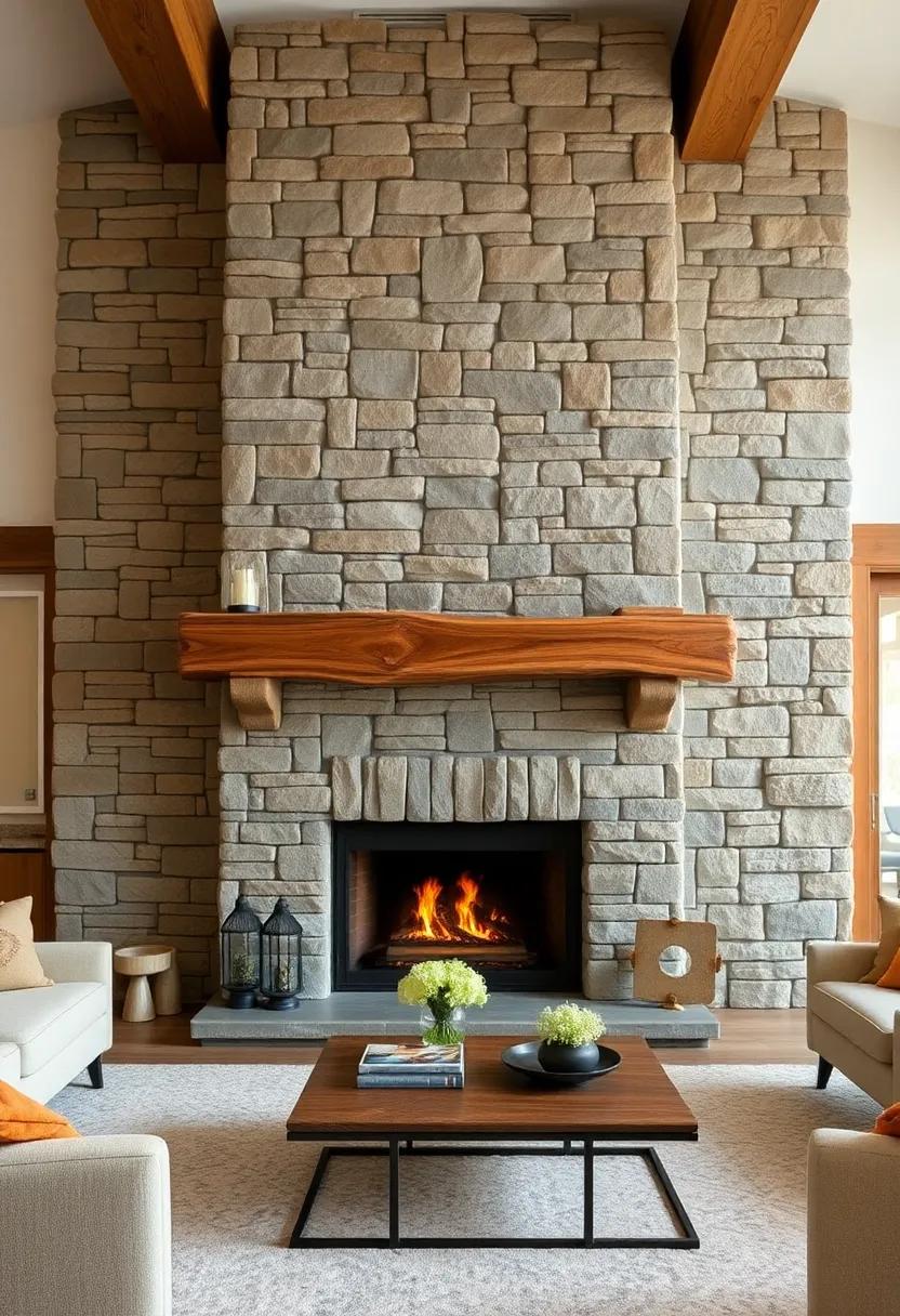 an inviting ‌mantle carved from a ⁢single slab of reclaimed wood,⁢ paired⁢ with stacked⁢ limestone for an authentic countryside feel