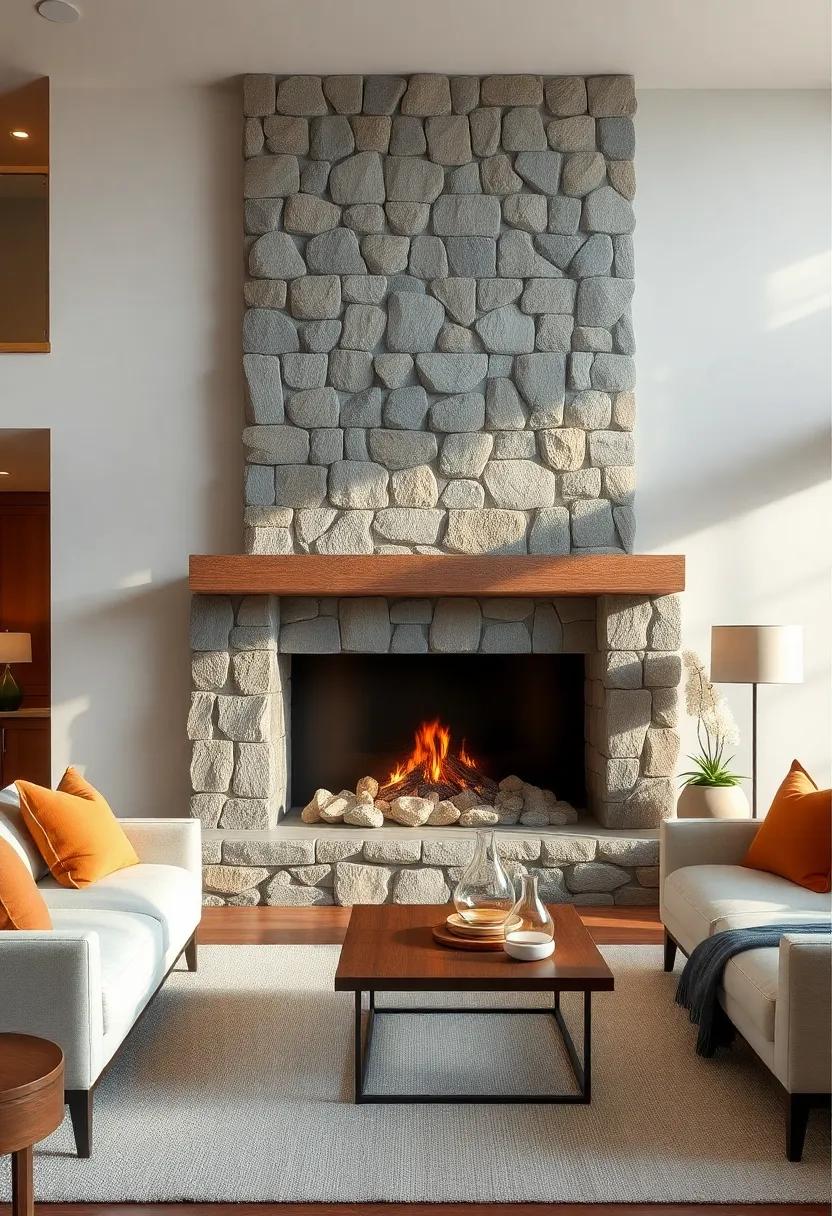 A minimalist stone ‌fireplace with smooth, river ⁤rock stones arranged in a ⁤clean, linear design for ⁢a modern‍ twist on rustic ‌charm