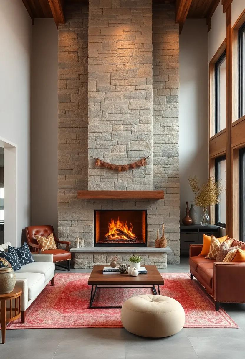 A narrow, tall stone fireplace that adds vertical ⁣interest and rustic appeal⁤ to compact spaces