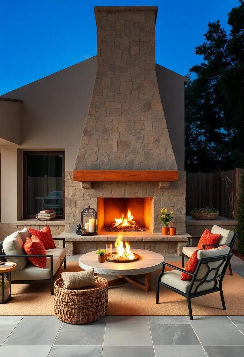 An outdoor stone fireplace crafted with native stones, perfect for rustic backyard gatherings ​under the stars