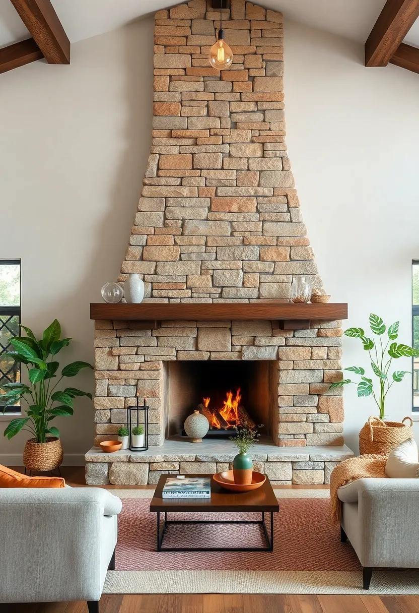 A rustic fireplace featuring stacked sandstone blocks‌ with ⁤mortar in contrasting tones to highlight each stone’s character
