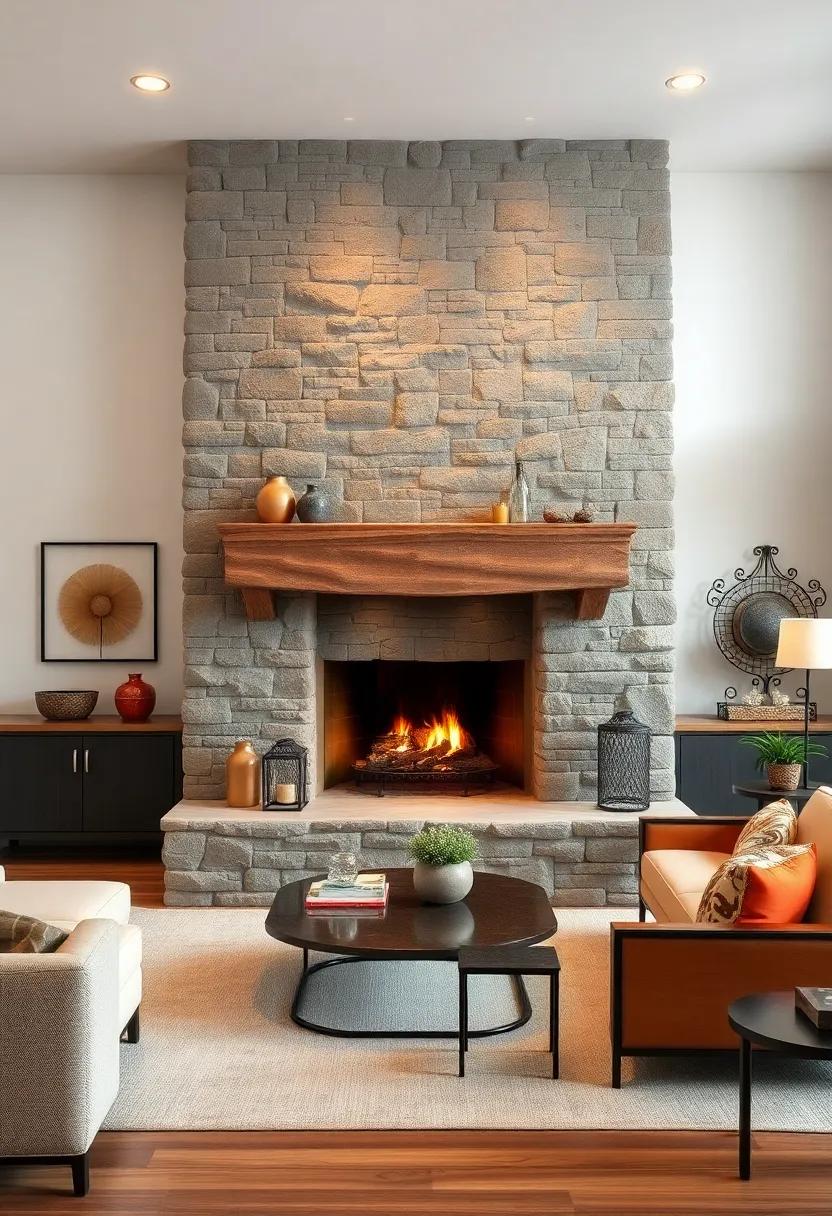 A stone​ fireplace accented with wrought iron details, marrying rustic rawness with elegant⁢ finishing touches