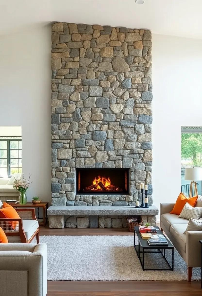 A subtle fireplace integrated into a stone accent wall, combining ⁣rustic elements with sleek, contemporary lines
