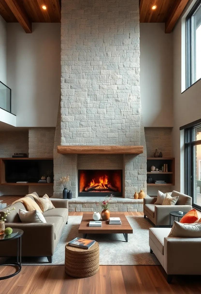 A towering floor-to-ceiling stone fireplace‌ with a rugged,‍ uneven finish that anchors a spacious living room in rustic grandeur