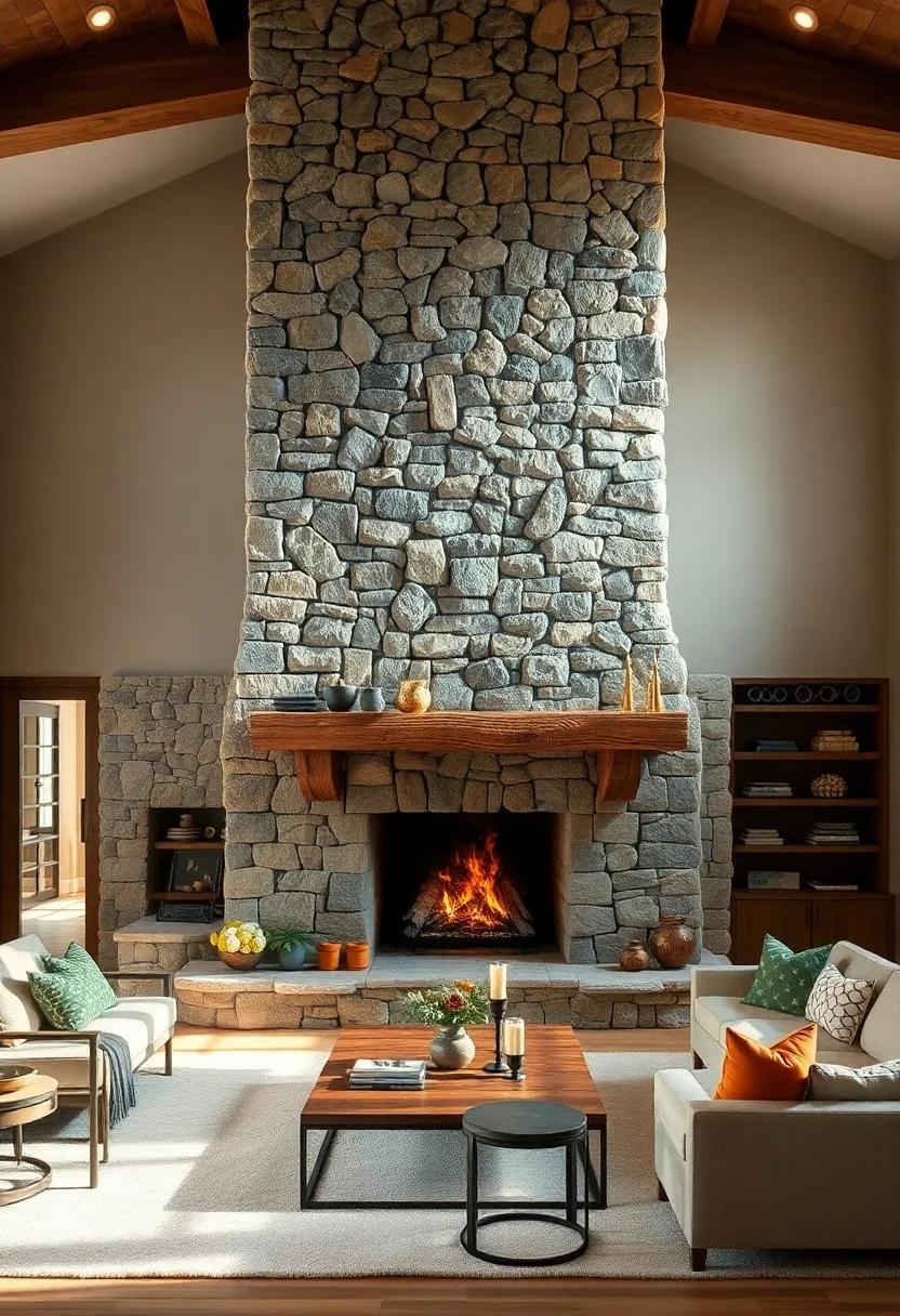 A towering stone chimney that dominates the room, crafted from irregular river stones to emphasize natural beauty