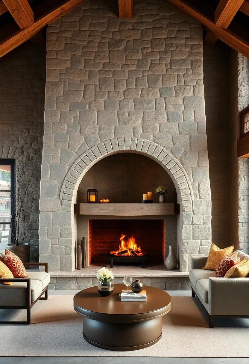A traditional‍ fireplace with a⁤ rounded arch⁤ opening, constructed from hand-chiseled stone and topped with ⁢a thick ‌wooden lintel