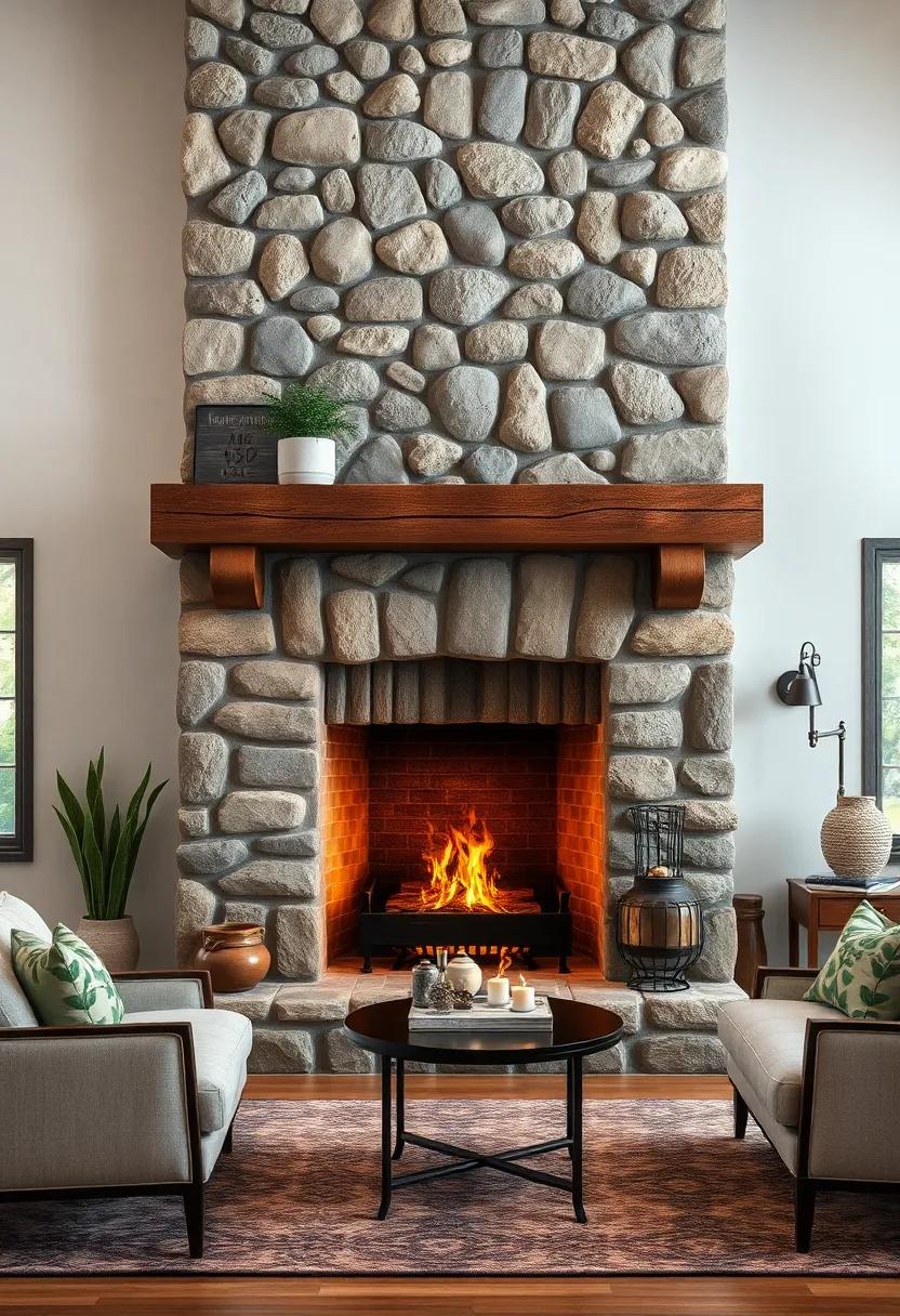 A vintage-inspired fireplace‍ constructed with weathered fieldstones and topped with a distressed wooden⁢ beam mantle