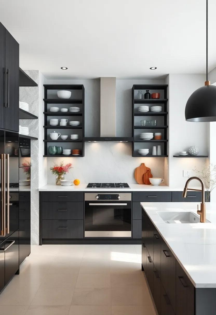 Black ⁣and White Contrast: Matte black shelving units against pristine white ⁣walls emphasize‌ clean lines while displaying​ simple, functional dishware