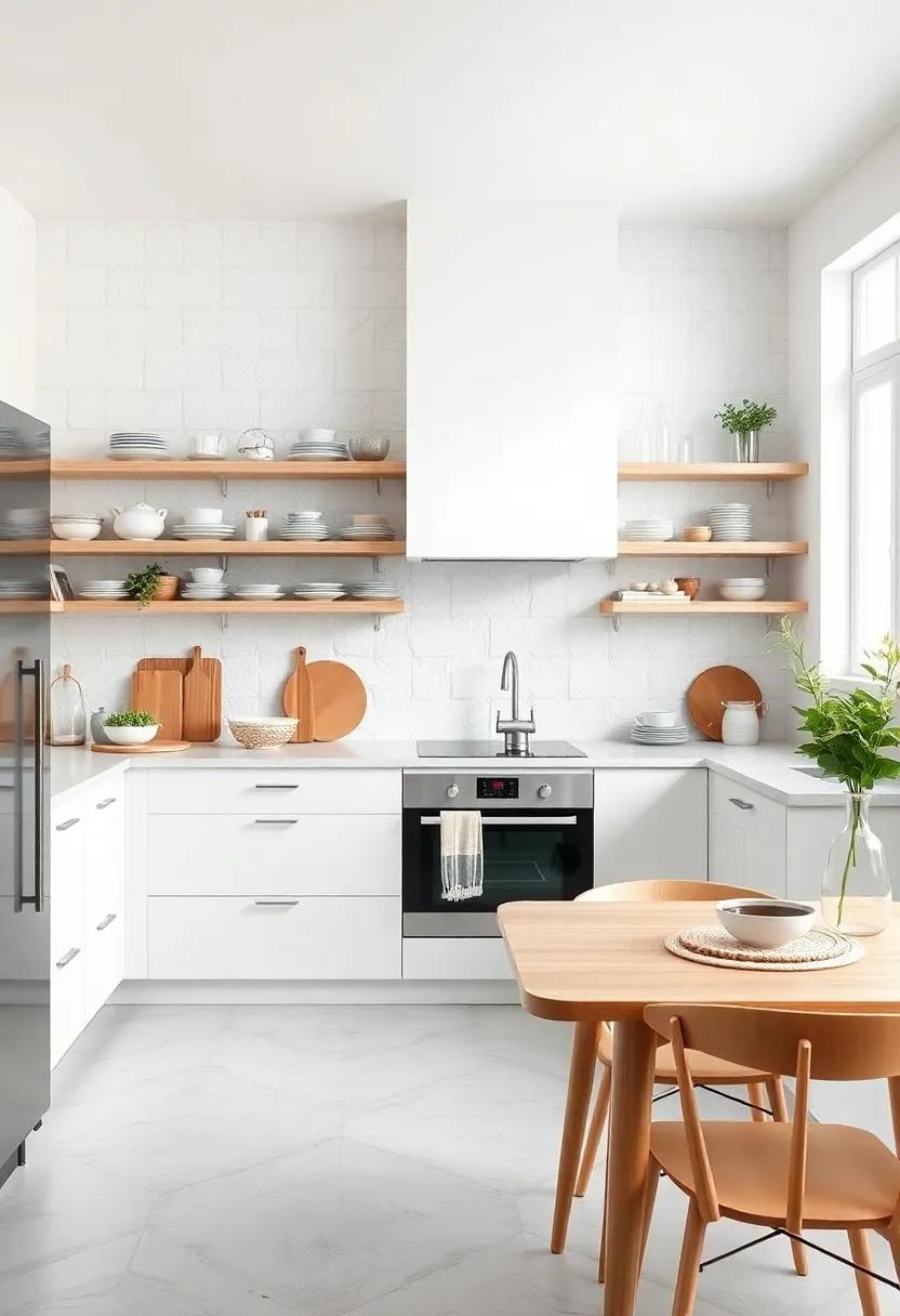 Bright White Minimalism: ‌A Scandinavian‍ kitchen with crisp white walls and open shelving showcases sleek ceramics and light ‍wood accents, creating ⁤an airy ⁣and inviting cooking space