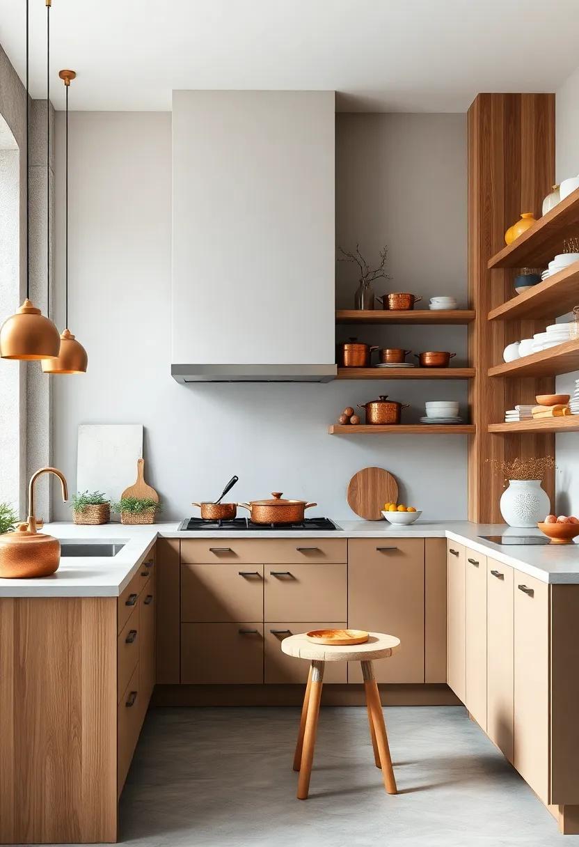 Copper Accents: Warm copper cookware ‌displayed openly on ‍wooden shelves adds an unexpected metallic warmth to the typically muted ⁢Scandinavian⁤ palette