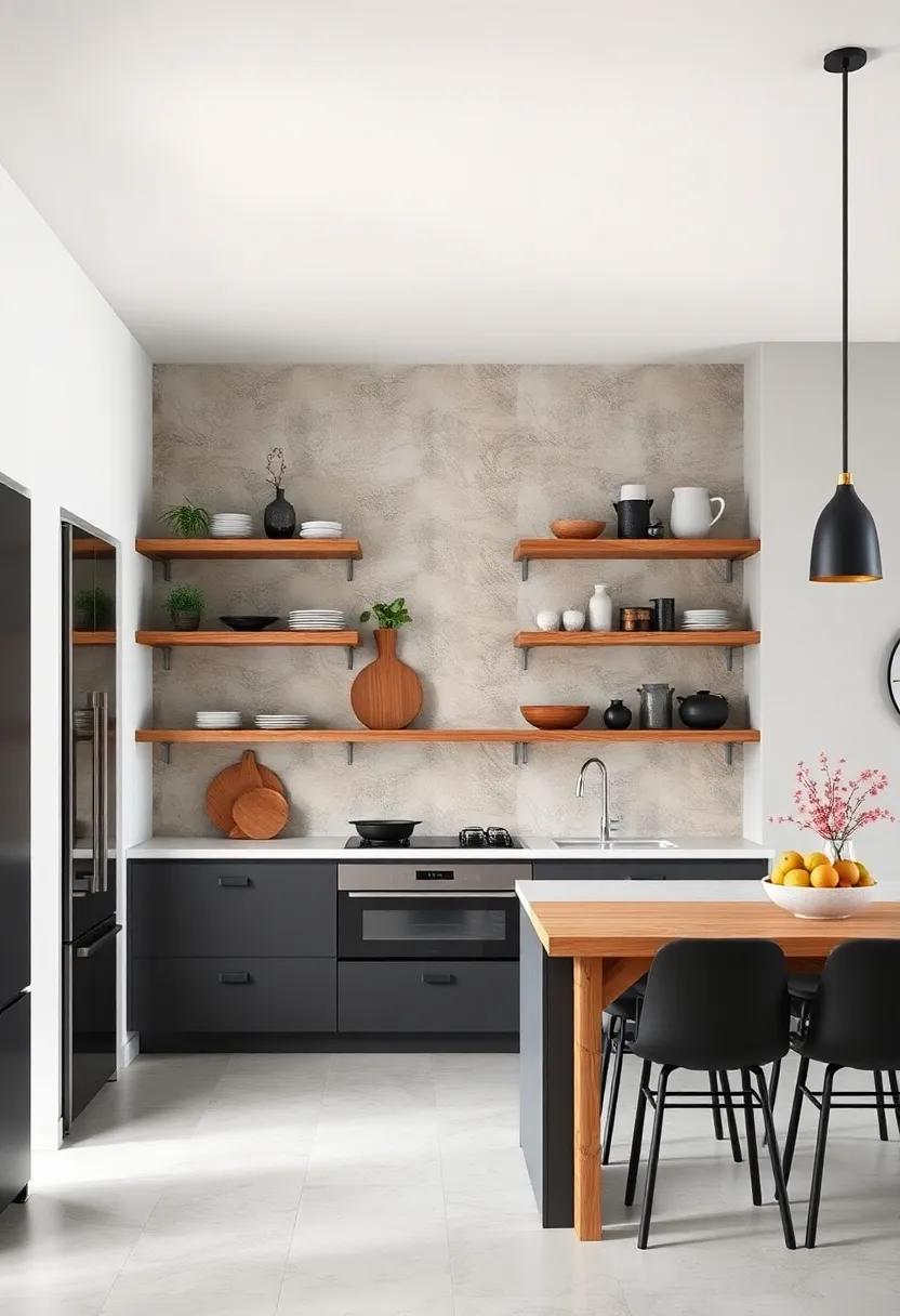 Industrial Edge: Combining metal brackets with wooden shelves brings a hint of industrial design into the open shelving, blending raw materials with soft Nordic tones