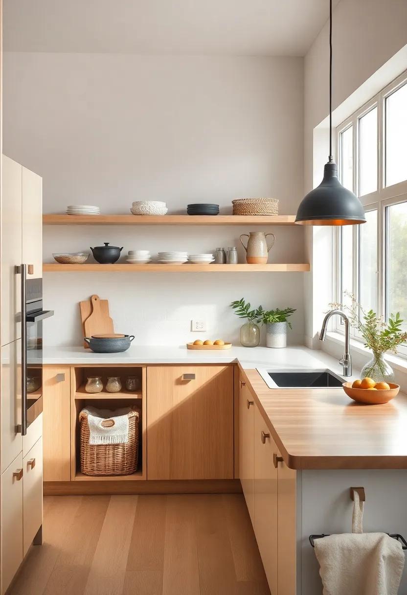 Light Wood and Linen: Pale wooden shelves paired⁣ with linen storage baskets create a tactile and inviting kitchen corner that ​merges utility and simplicity