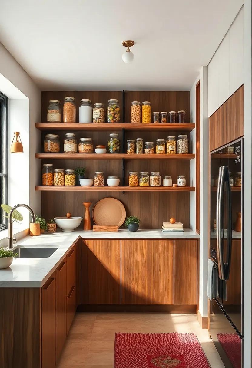 Open Shelving pantry: A pantry-style open shelving unit bursts with natural ingredients stored in clear glass jars, combining order ⁢and style seamlessly