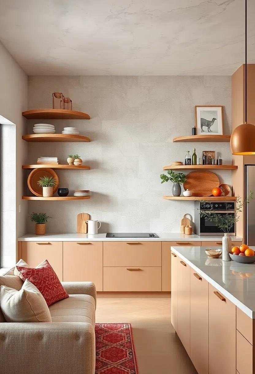 Sculptural Storage: Curved wooden open shelves double ⁢as artistic focal points, blending practicality with a sculptural touch in a minimalist kitchen setup