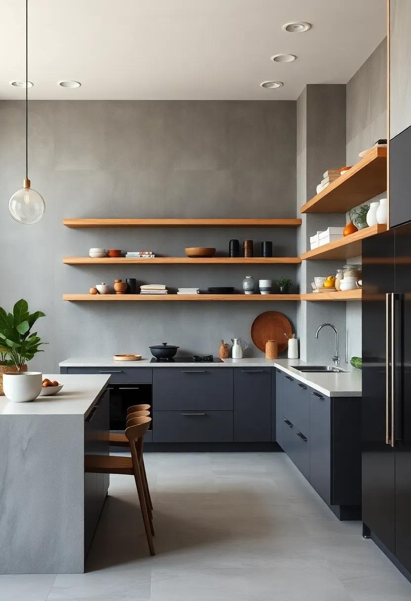 Warm Gray Tones: Soft gray walls combined with natural⁤ wood open shelves create ⁢a calming environment that effortlessly balances modernity and tradition