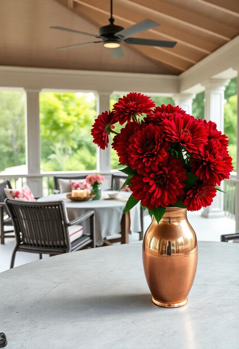 Copper ⁣Vase with Deep Red​ Dahlias