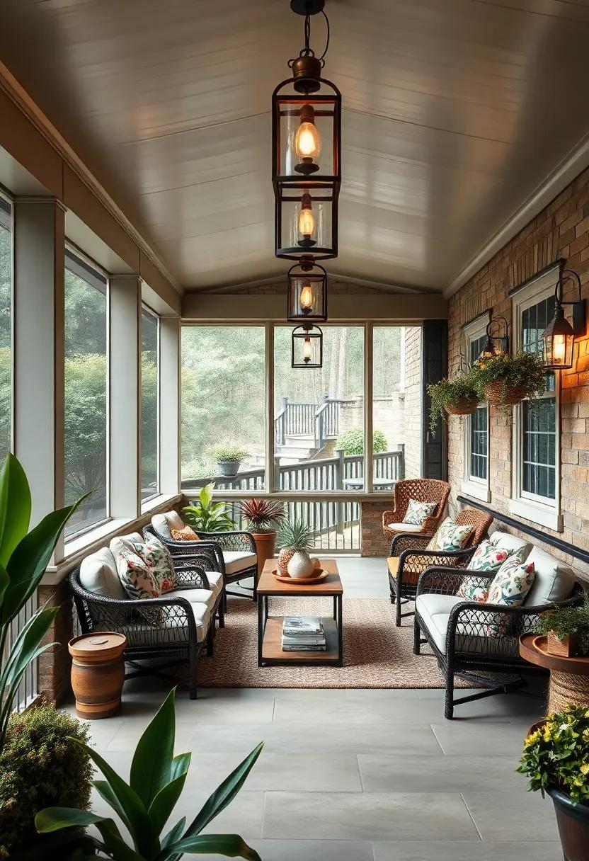 Antique brass⁢ lanterns ⁢hanging from the ​ceiling ‍to provide ‍warm, nostalgic lighting