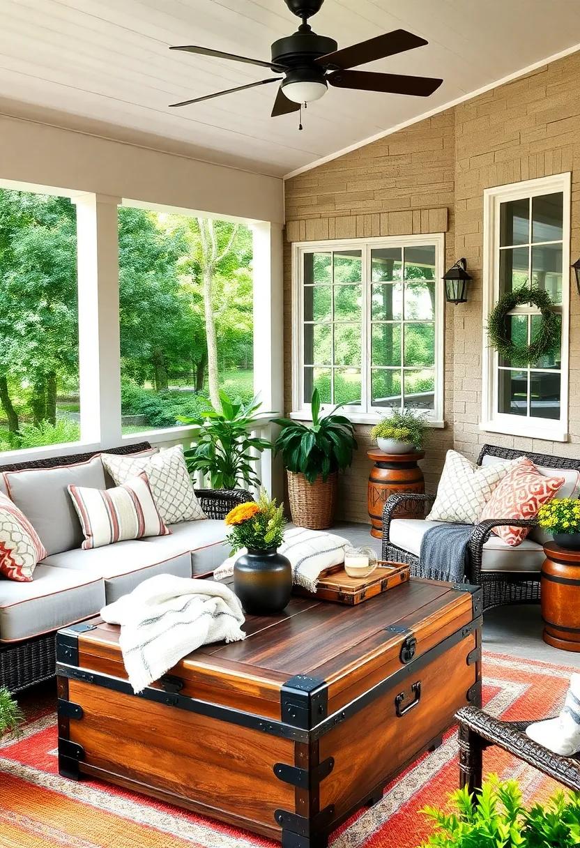 An antique​ trunk serving as⁤ a coffee table with⁣ hidden storage for blankets