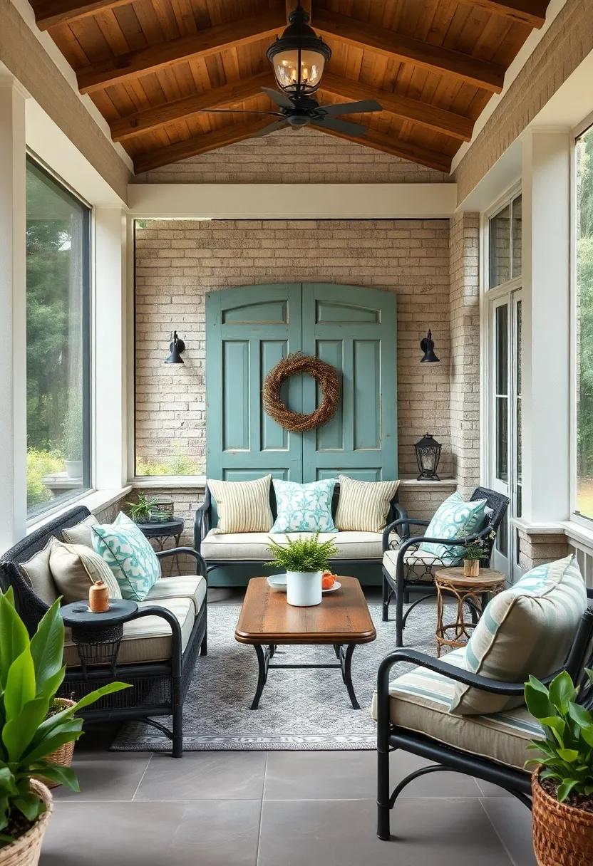 A charming vintage door ⁤repurposed as a decorative backdrop or headboard for a‍ bench seat