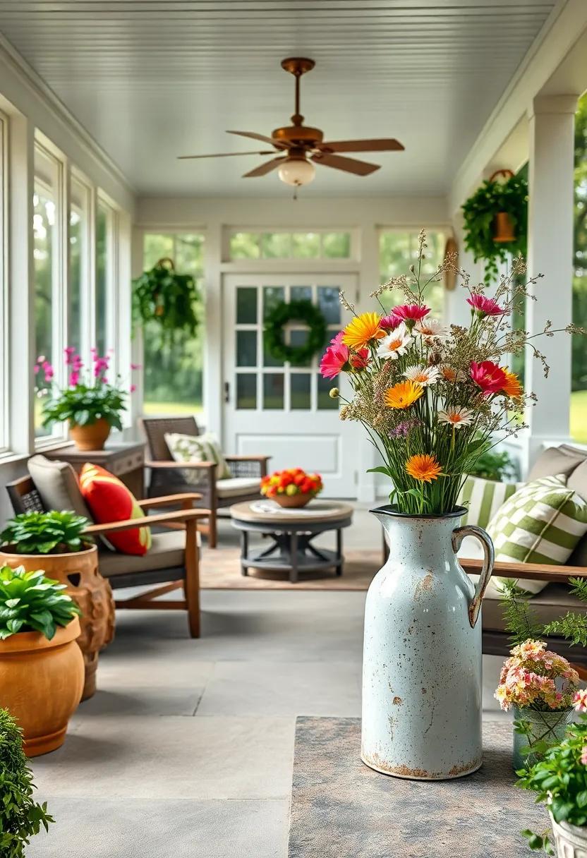 A chipped enamel ‍enamelware pitcher repurposed as ⁣a vase for fresh wildflowers