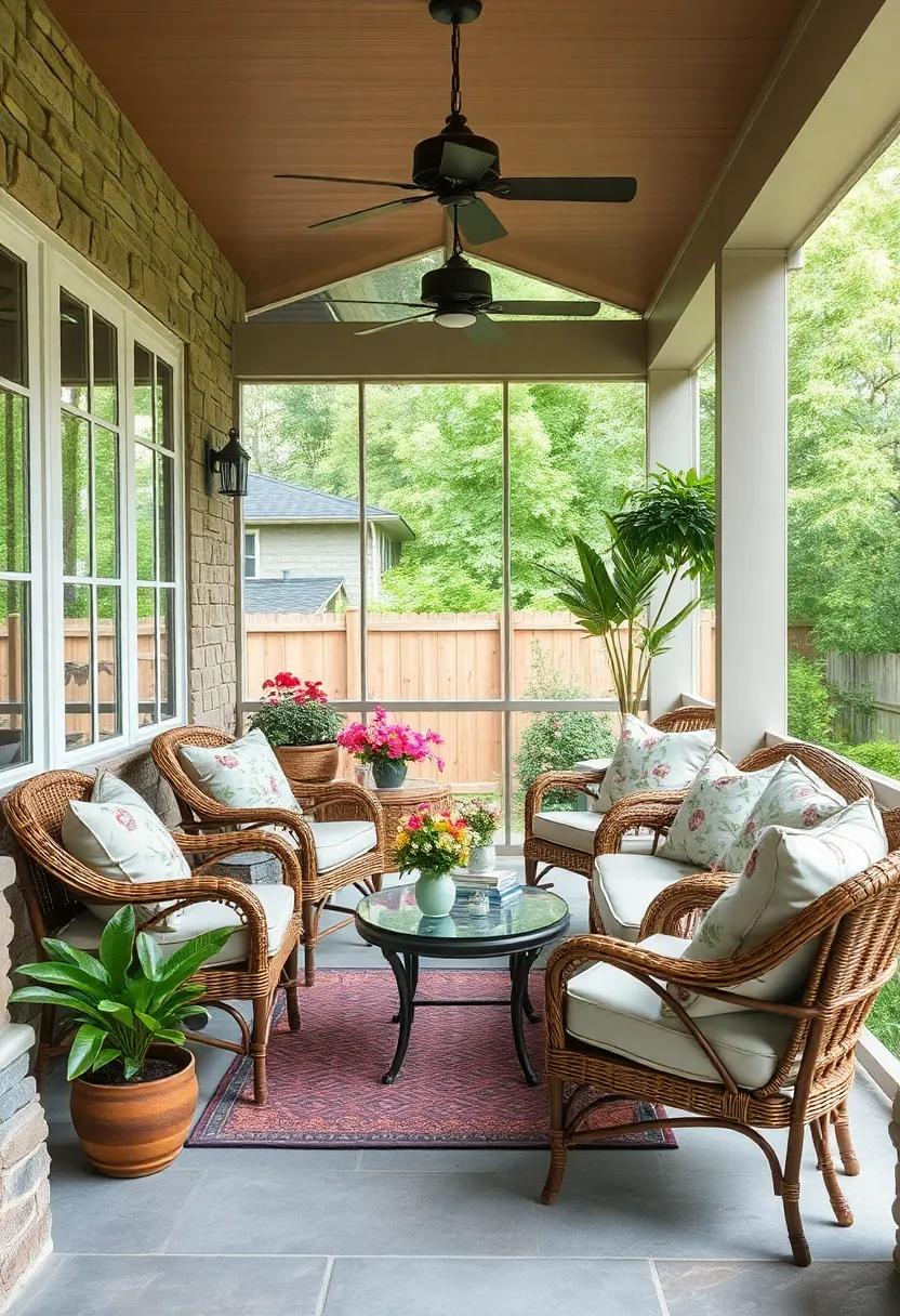 Cozy wicker furniture‍ with plush cushions in muted floral patterns for a timeless vintage feel