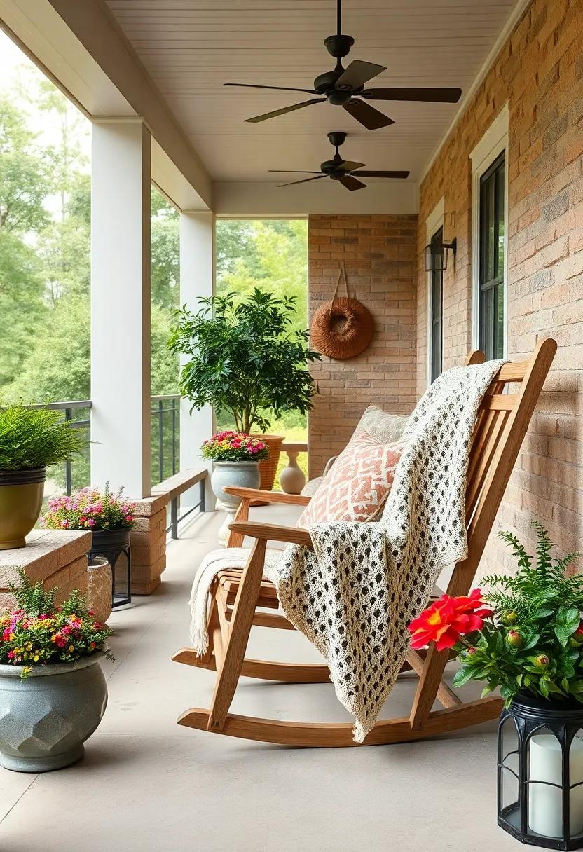 A distressed wooden rocking chair paired with a crocheted throw blanket⁢ for classic comfort