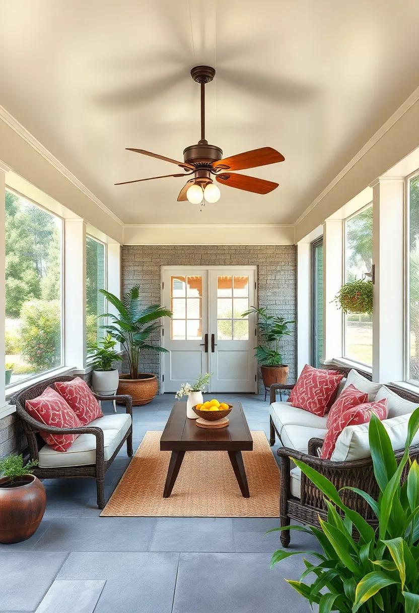 An old-fashioned ceiling fan with wooden blades to keep the air moving in traditional style